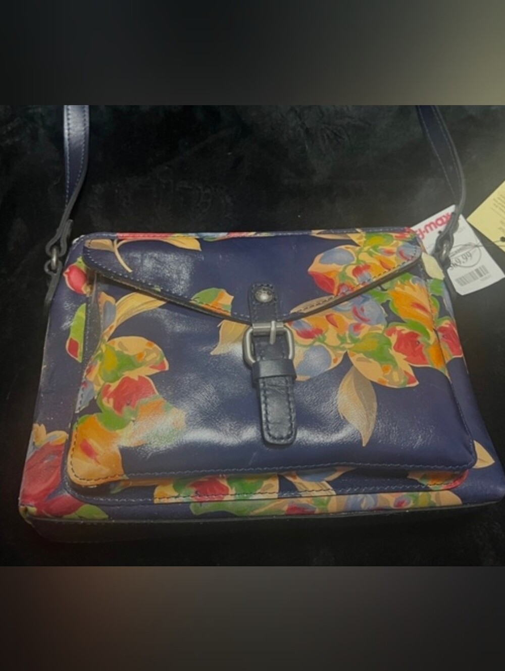 Patricia Nash Navy Floral Leather Crossbody with Front Buckle